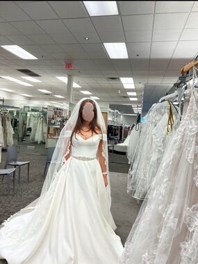 David’s Bridal WG3979 Ivory Wedding Dress with S2051 Beaded Satin Sash